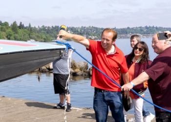 Stephen Hayden christening the restored Harrah’s Tahoe Miss in 2023 (Photo: H1 Unlimited)